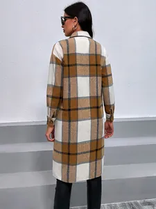 Back view of a casual women's mid-length checkered coat with brown plaid pattern