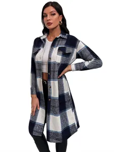 Detailed view of women's casual long-line plaid shirt jacket featuring single-breasted buttons