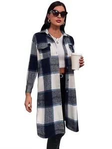 Women's stylish mid-long plaid shacket in blue and white with lapel and front buttons