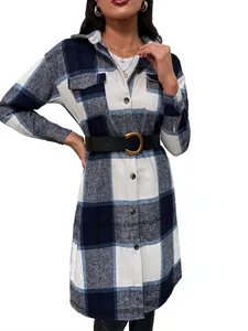 Detailed view of women's blue plaid longline shirt coat with buttons and black waist belt