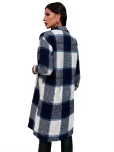 Detailed back view of a stylish women's blue and white plaid mid-length shacket coat