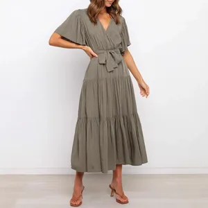 Summer bohemian V-neck midi dress with waist tie and ruffle sleeves in olive green