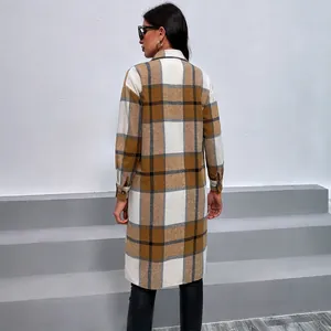 Women's casual plaid long-line shacket with lapel collar and check pattern design