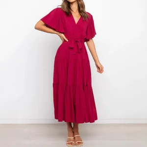 Bohemian V-neck maxi dress with ruffle sleeves and waist tie in deep red