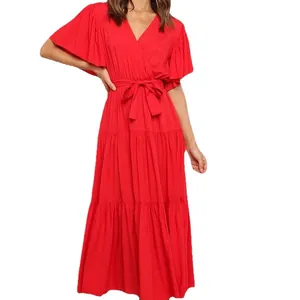 Bohemian red V-neck maxi dress with ruffle sleeves and belted waist design