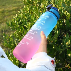 Close-up detail of a 1000ml blue to pink gradient water bottle with hydration time markers