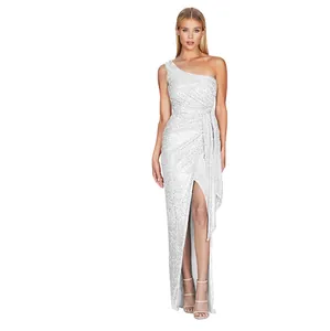 Elegant white sequined one-shoulder long dress with side slit and pleated detail