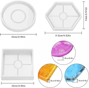 Detailed size specifications for round, hexagonal and square silicone coaster resin molds.