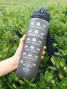 Detail view of 1000ml matte water bottle featuring motivational time markers and quotes