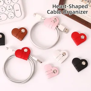 Heart Shaped PU Leather Cable Winder Earphone Cord Organizer USB Data Cable Ties With Snap Button Desktop Management Wrapper