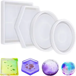 Set of square, hexagonal, and round silicone resin molds with finished coaster examples.