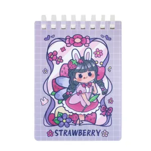 Cute A7 portable spiral notebook featuring purple grid and cartoon strawberry girl design