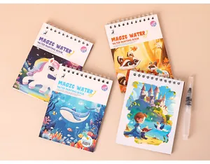 Close-up of four magic water painting books showing different themes and water pen