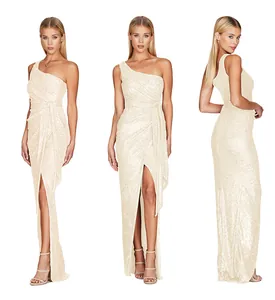Three views of a champagne one-shoulder sequin maxi dress with elegant pleats and side slit.