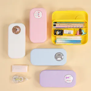 Cute 3D cartoon double-layer pencil cases in pastel colors for kids and students