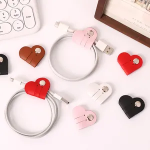 Heart-shaped PU leather cable organizer set for organizing earphone and USB cables