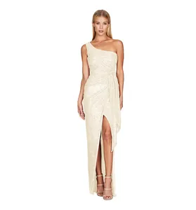 Full-length view of a shimmering ivory one-shoulder sequin dress with elegant side draping.