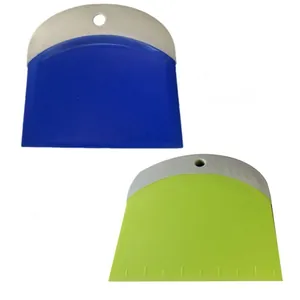 Set of plastic dough scrapers for professional baking with blue and green color options