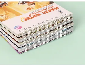 Detailed side view of a stack of spiral-bound magic water painting books for kids