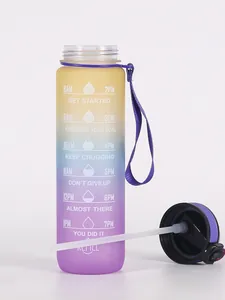 Detail view of 1000ml gradient water bottle with straw and printed time markers