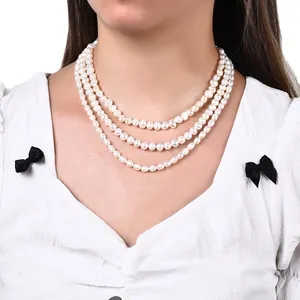 Élégant collier à trois rangs en perles d'eau douce baroques pour femmes, style rétro