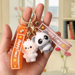 Cartoon Flocked Animal Doll Keychain Cute PVC Strap Bag Pendant Panda Fox Lion Sheep Monkey Gift For Kids Students