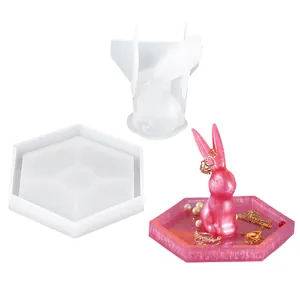 Vista dettagliata dello stampo in silicone per coniglio 3D e vassoio con resina rosa
