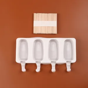 Set of white 4-cavity silicone popsicle mold and a bundle of natural wooden sticks