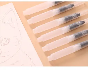 Detail of six refillable water brushes with pointed tips for watercolor painting.