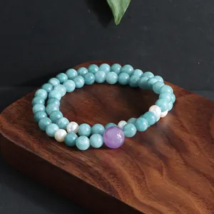 Dubbellaags kristallen armband met natuurlijke aquamarijn kralen en zoetwaterparels