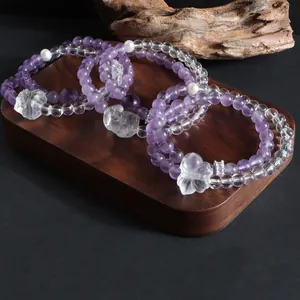Bracelet Wrap en Améthyste et Cristal de Roche Style Nouveau Chinois Perle Artificielle Pendentif Lion Lune pour Femmes