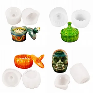 Detail showing pumpkin, skull, and crown DIY silicone molds for resin storage boxes