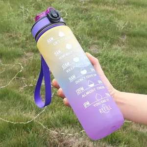 Frosted 1000ml gradient sports water bottle with motivational time markers and strap
