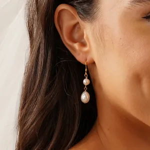 Pendientes Colgantes de Cobre Hechos a Mano Vintage Francés con Perla de Agua Dulce Barroca Natural Relleno de Oro 14K Mujer