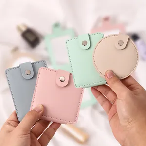 Portable PU leather foldable mini makeup mirror in assorted pastel colors for travel