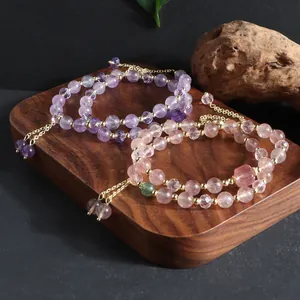 Natural Amethyst Citrine Strawberry Quartz Double Wrap Bracelet Literary Vintage Tassels Fashion Crystal Bead Bracelet Women Jewelry