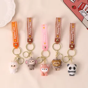 Set of cute flocked animal doll keychains with rubber straps for student backpack charms
