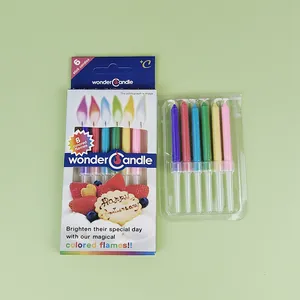 Gedetailleerd overzicht van 6 creatieve verjaardagskaarsen met gekleurde vlammen