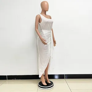 Detailed side view of white one-shoulder pleated sequin maxi dress on mannequin