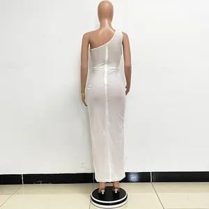 Detailed back view of shimmering white one-shoulder sequined evening dress on mannequin