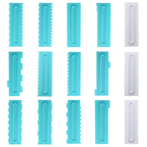 Detailed view of 15 plastic cake scrapers with various decorative serrated designs