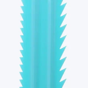 Close-up macro detail of blue plastic cake scraper with sawtooth edge for cream styling.