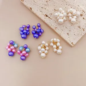 Korean Sweet Freshwater Pearl Grape Cluster Stud Earrings For Women Colorful Round Bead Small Fresh Summer Ear Jewelry Gift