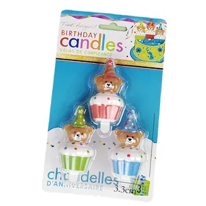Set van 3 schattige 3D-cartoon teddybeer verjaardagskaarsen op cupcakes voor taartdecoratie