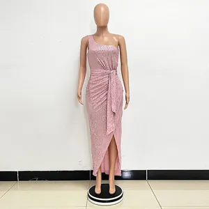 Elegant pink one-shoulder sequin maxi dress with pleated waist and side slit detail