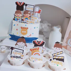 Graduation season cake topper set with cartoon students and good luck slogan sign