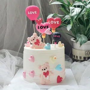 Soft Rubber Bear Heart Hot Air Balloon Cake Topper For Valentine's Day Wedding Romantic Bakery Cake Decoration Party Supplies
