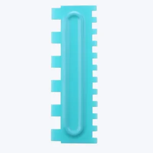 Blue plastic cake scraper tool with double-sided serrated edges for fondant styling.