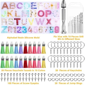 Comprehensive DIY resin alphabet mold kit with hand drill and keychain accessories.