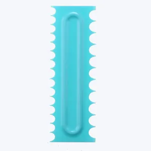 Light blue plastic cake scraper comb tool with double-sided sawtooth edges for baking